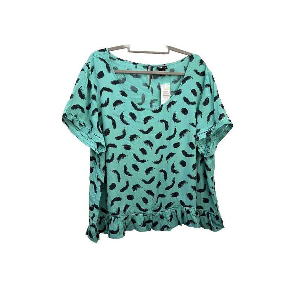 Torrid Teal Feather Blouse Ruffle Hem Women 3X